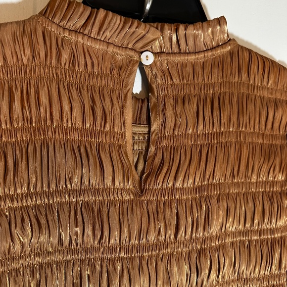 Copper Metallic Smocked Puff Sleeve Party Holiday Dress - Picture 5 of 10